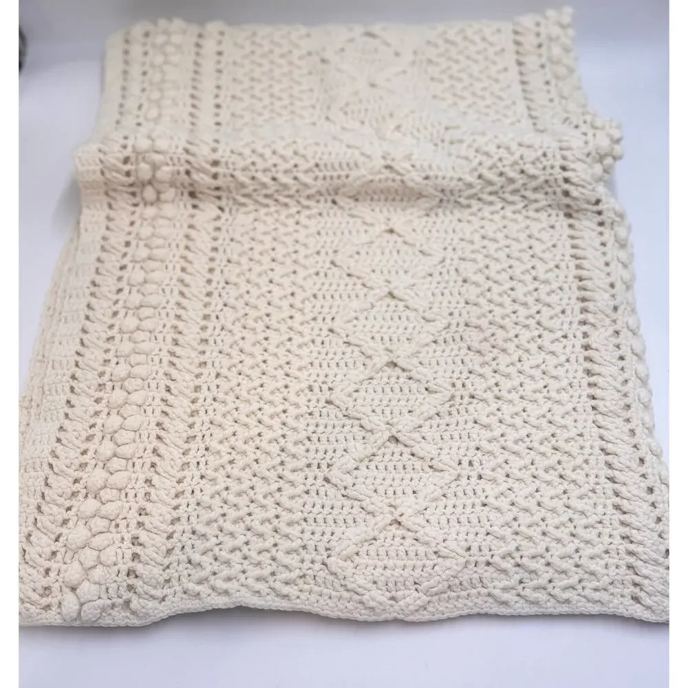 Cream Handmade Crochet Throw Blanket 45x66 Ivory Textured Afghan